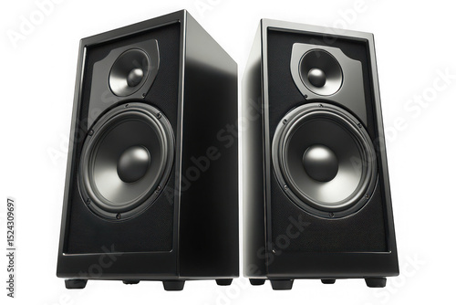 Pair of black studio speakers isolated on transparent background
