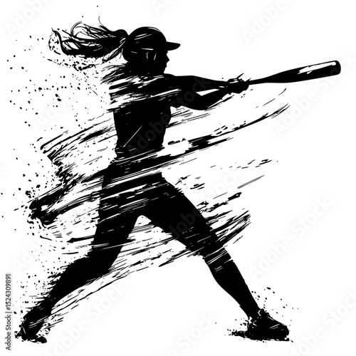 a black and white illustration of a woman hitting a baseball with a bat ball, baseball, baseball bat, baseball player, bat, black, hit, illustration, silhouette, swinge, woman , Generative art.