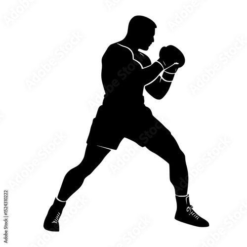 a black and white silhouette of a boxer black, boxer, boxing glove, man, silhouette , Generative art.