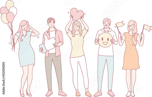 Fotografija A diverse group of friends celebrating with balloons, hearts, and emojis, showcasing joy and togetherness