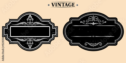 Vintage French boutique-style sign in white painted wood, peeling paint, black border, empty center