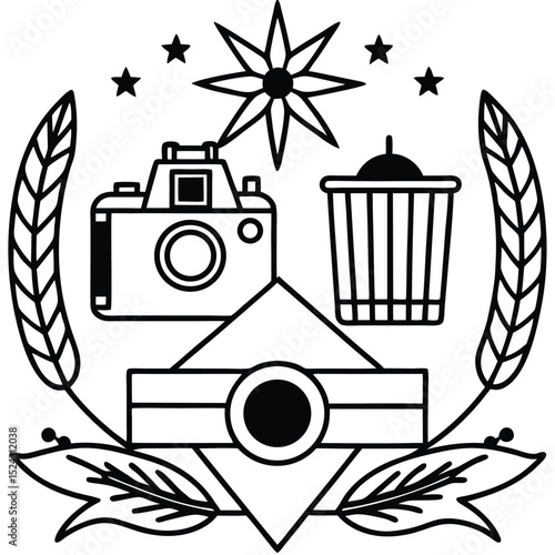 Black and white vector illustrations of a pirate ship, horse, and retro photographic equipment design