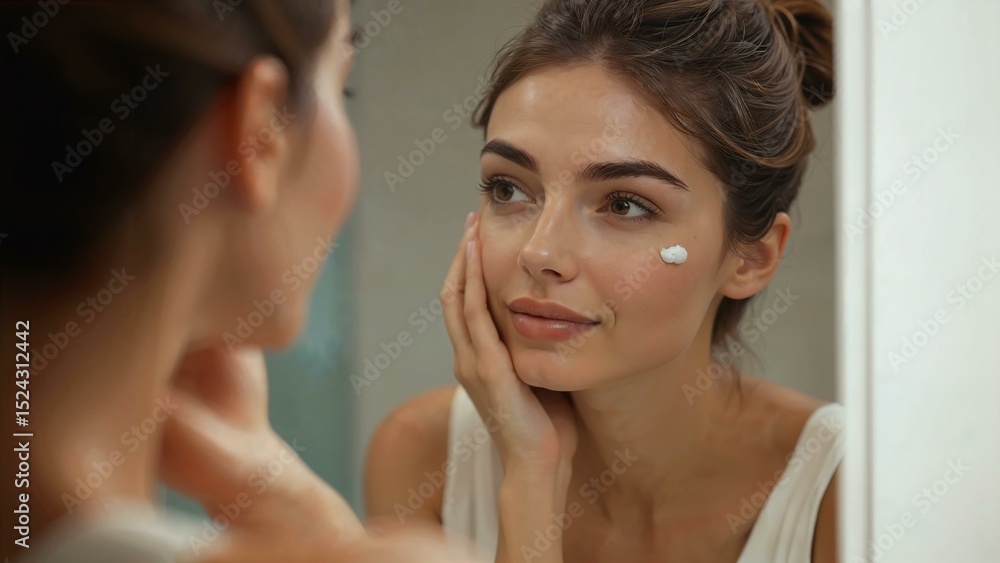 Woman focused on her reflection emphasizing self-care and skin health Woman focused on her reflection emphasizing self-care and skin health