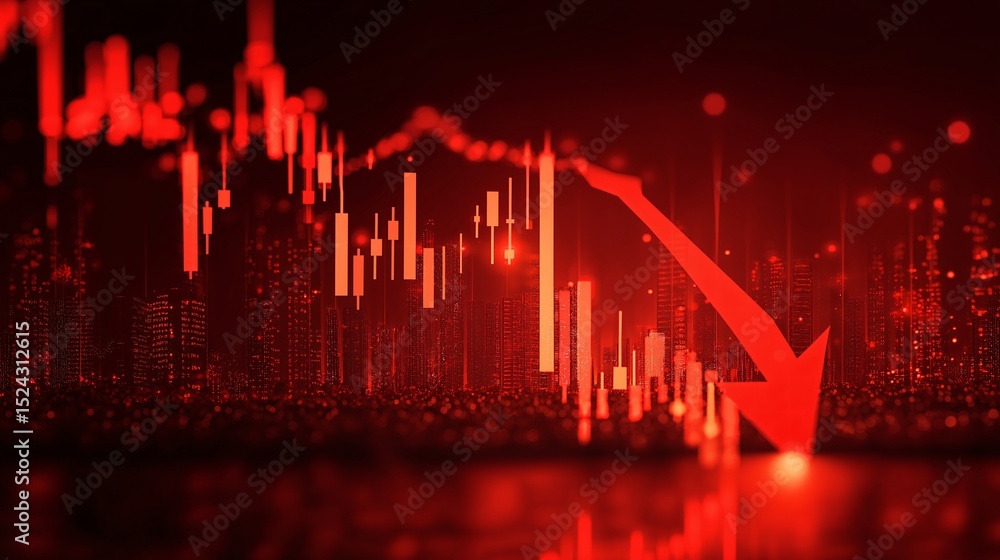 Naklejka premium A stock market chart displays a significant downward trend, emphasized by a large red arrow pointing downwards