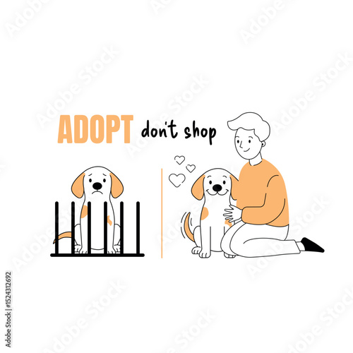 Boy adopts shelter dog – flat vector illustration of compassion and ethical pet rescue