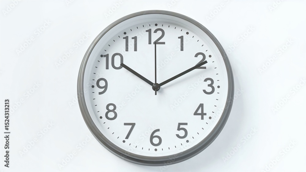 Clean white clock with black numbers and hands isolated on white background Clean white clock with black numbers and hands isolated on white background
