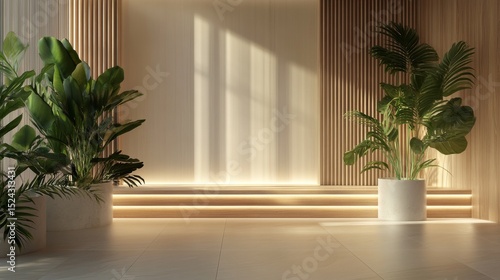 modern minimalistic interior fresh nature green light color with wood elements, green plants, no people and tech, for advertisement of luxury tech brand 