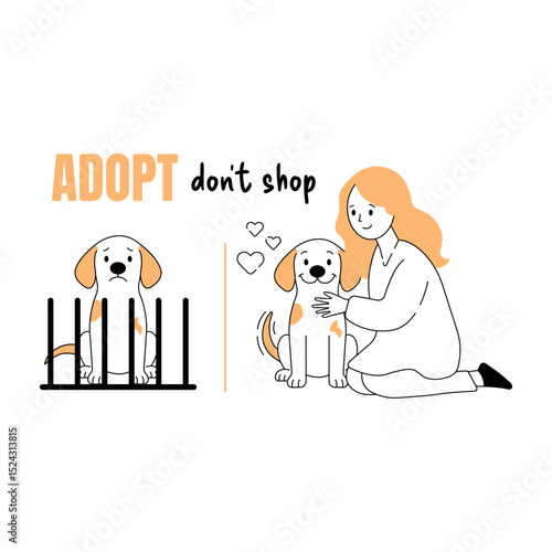 Girl adopts rescue dog – emotional flat illustration promoting shelter pet adoption