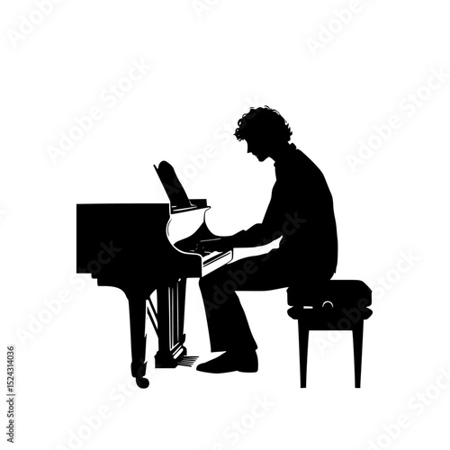 a black silhouette of a man playing a piano black, man, piano, play, silhouette, sit , Generative art.