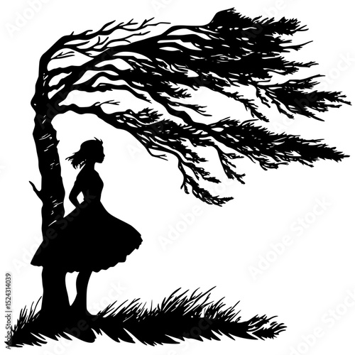 silhouette of a young woman in a dress leaning against a tree dress, girl, lean, silhouette, stand, tree, woman, young , Generative art.