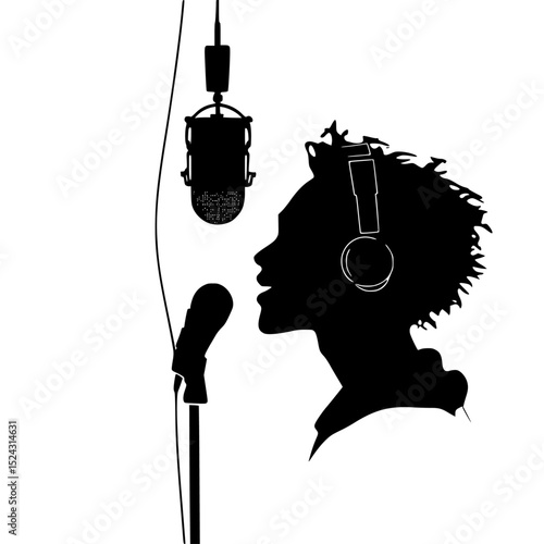 a black silhouette of a woman singing into a microphone black, head, microphone, silhouette, singe, singer, woman , Generative art.