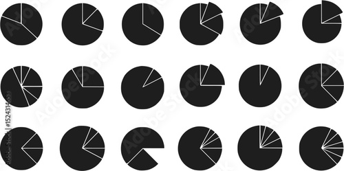 18 Black & White Pie Chart Icons Data Graph Circle Percentage Statisti