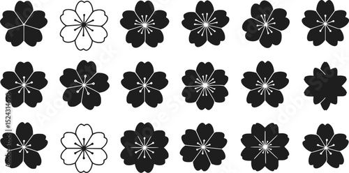 Black and White Cherry Blossom Flower Icons Set Design Elements