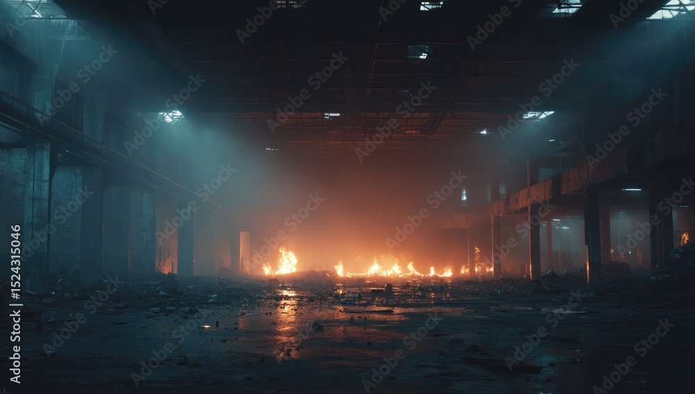 Obraz premium Abandoned factory interior ablaze