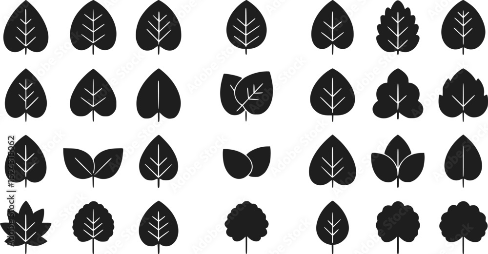Fototapeta premium 30 Black Leaf Icons Nature Symbols Vector Illustration Foliage Shapes