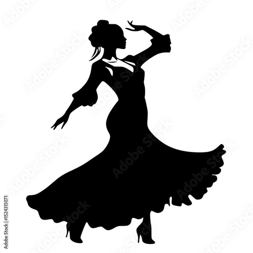 black silhouette of a beautiful woman in a long dress dancing beautiful, black, dance, dress, evening dress, girl, long, silhouette, woman , Generative art.