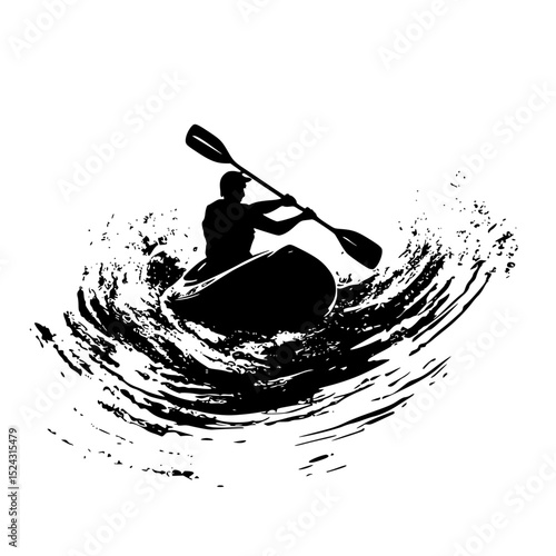 a black silhouette of a man riding a kayak on a wave black, boat, canoe, kayak, man, ride, silhouette, water, wave , Generative art.