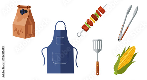 Assortment of barbecue grilling tools and food items arranged on a white background for summer cookout