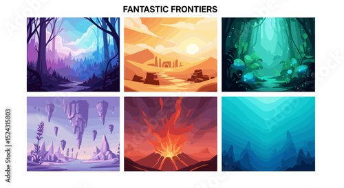 Illustration of six fantasy landscapes featuring diverse environments and vibrant color palettes used nicely