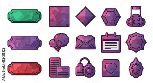 Collection of assorted icons including labels gems calendar and perfume bottles in watercolor style design