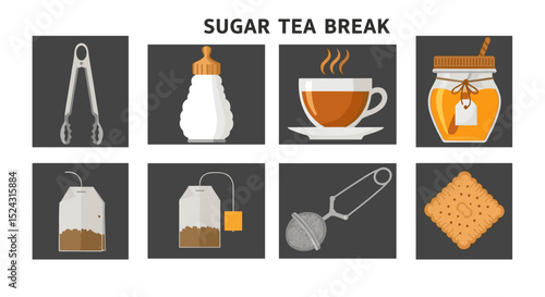 Illustration of tea time elements including tongs sugar dispenser cup honey tea bags and tea strainer item set
