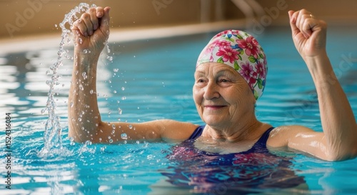 Senior woman in floral swim cap enjoying water exercise and wellness in pool