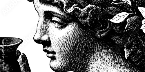 Engraved illustration of ancient nymph statue for classical art and design inspiration