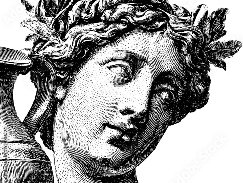 Engraved illustration of ancient nymph statue with intricate details
