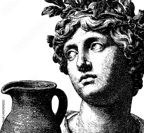 Engraved illustration of ancient nymph statue with laurel featuring classical elegance