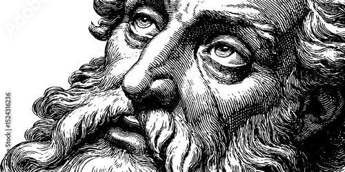 Detailed engraving of ancient philosopher statue for artistic design and inspiration