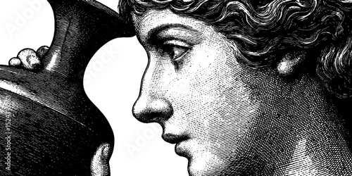 Engraved illustration of an ancient woman holding a vessel