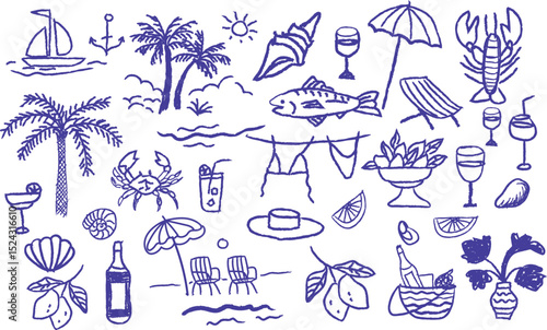 Hand drawn Italian Greek summer vacation illustrations. Vintage doodle elements with lemons, wine, sea food, and palm trees. Chalk, charcoal, grunge sketch art for posters, travel prints, placards.