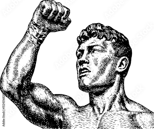 Engraved illustration of a bronze statue depicting a victorious figure raising fist in triumph