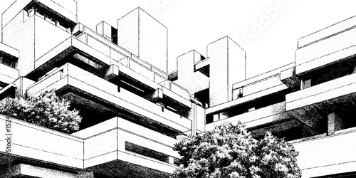 Engraved illustration of iconic brutalist architecture with geometric design elements