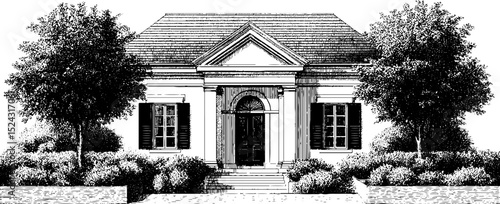 Engraved illustration of colonial architecture with trees and garden landscape design