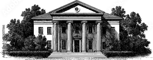 Engraved colonial revival architecture illustration featuring grand estate facade