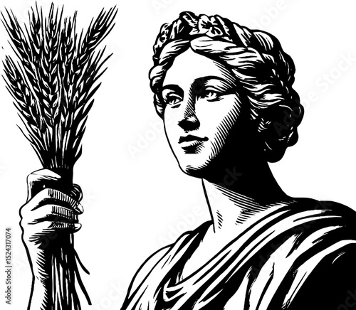 Engraved illustration of demeter holding wheat symbolizing agriculture and harvest