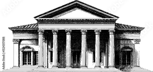 Colonial revival architecture engraved illustration for historical design projects