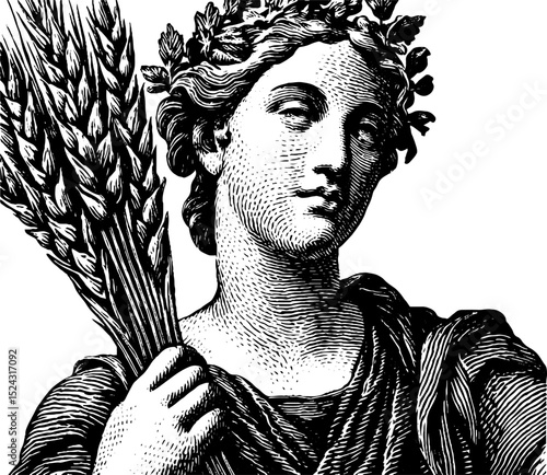 Engraved illustration of demeter holding wheat, symbolizing harvest and fertility