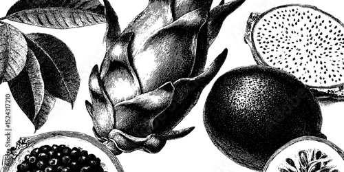 Engraved illustration of exotic fruits featuring dragon fruit and tropical leaves