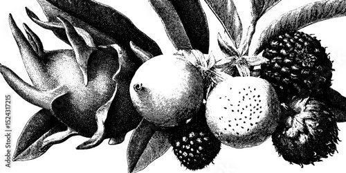 Exotic fruits and mythical dragon theme engraved black and white artwork