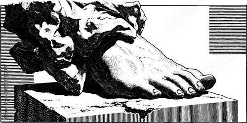Engraved illustration of fragmented statue foot on pedestal for art and design