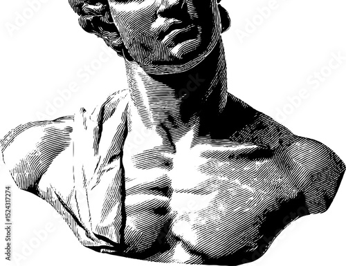 Engraved art of fragmented male torso reflecting classical sculpture
