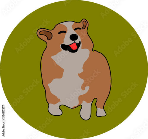 Minimalist cartoon corgi illustration with joyful expression on olive green background, cheerful and cute.