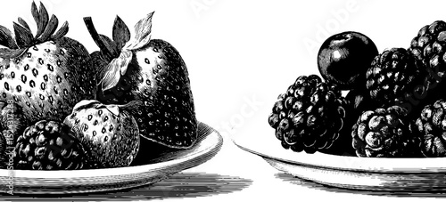 Vintage engraving of assorted fresh berries on plates for culinary art and design