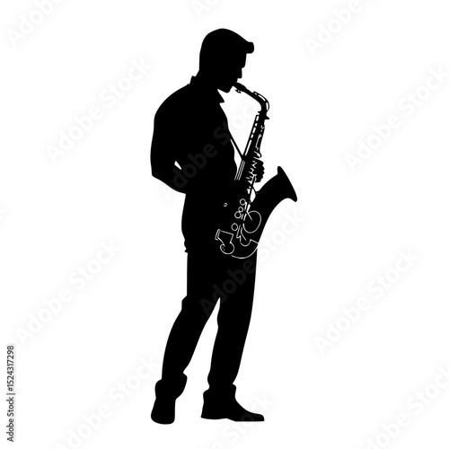 black silhouette of a man playing a saxophone on a transparent background black, instrument, man, play, saxophone, silhouette , Generative art.