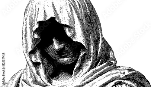 Engraved illustration of a funerary statue: a hooded, noble figure cloaked in solemn drapery.