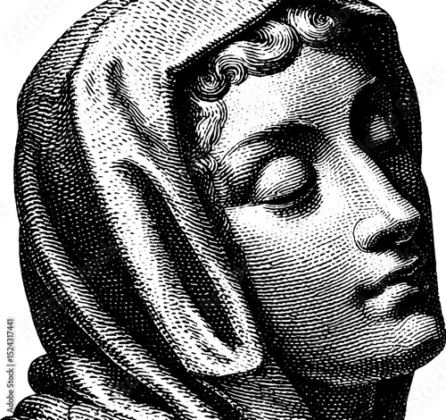 Engraved illustration of classical funerary statue depicting noble figure in tranquil elegance
