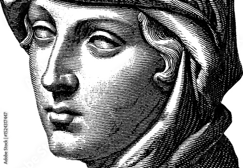 Engraved illustration of a funerary statue depicting noble figure in classic style