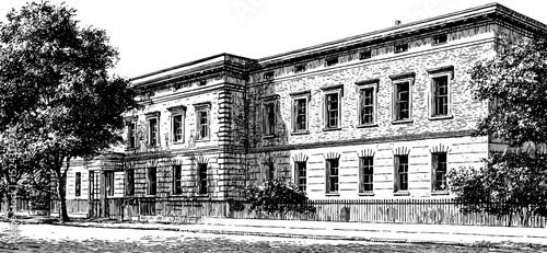 Engraved illustration of georgian architectural building with detailed facade design
